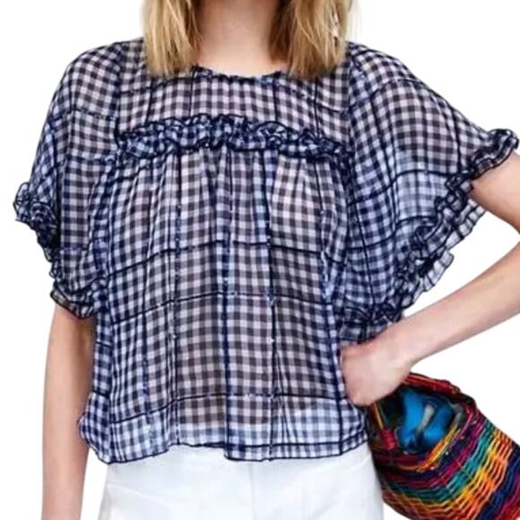 Zara Navy Blue White Gingham Sequin Flutter Sleeve Sheer Peplum Blouse size M - Picture 2 of 10